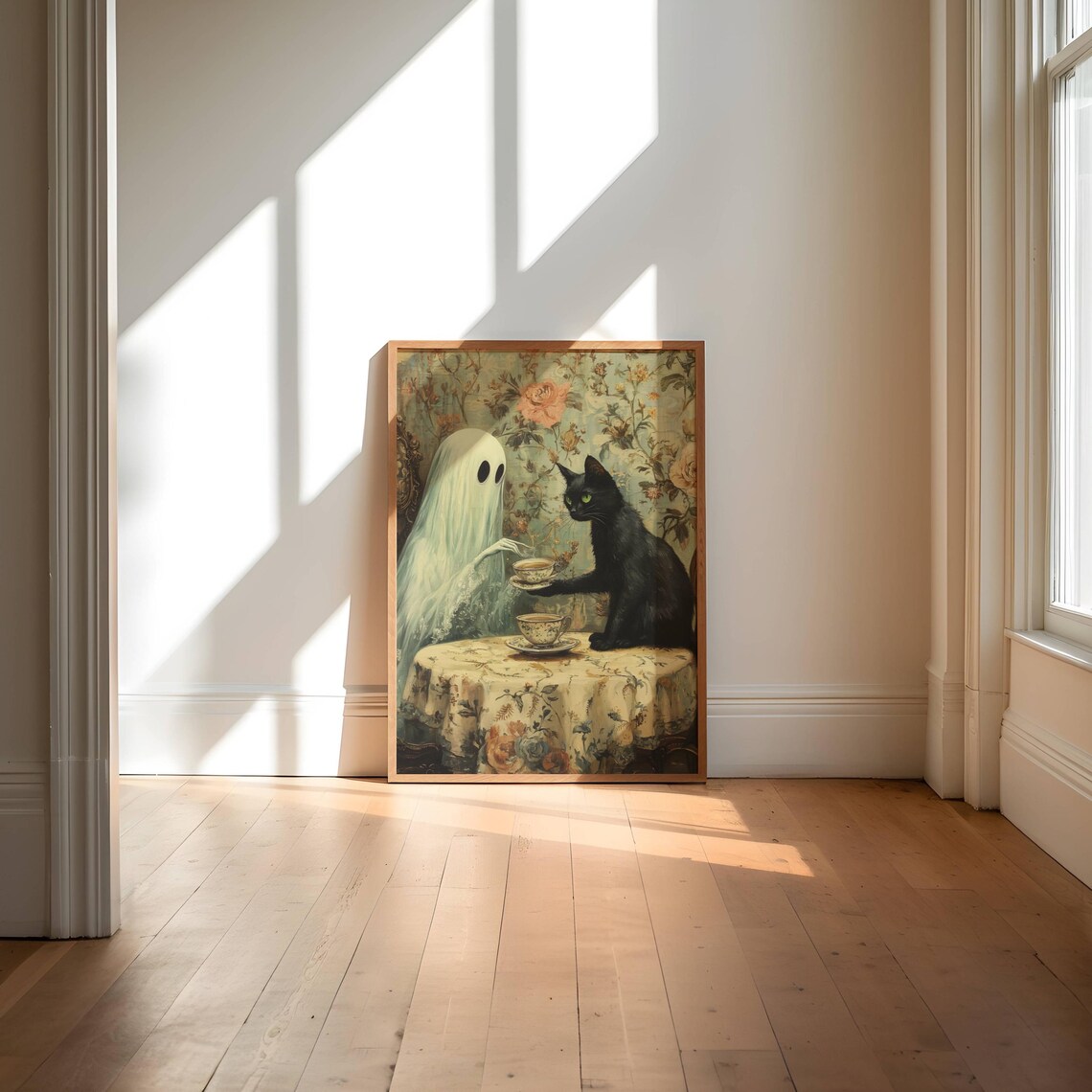 Ghost And Black Cat Teatime, Spooky Halloween Art Print - Image 5
