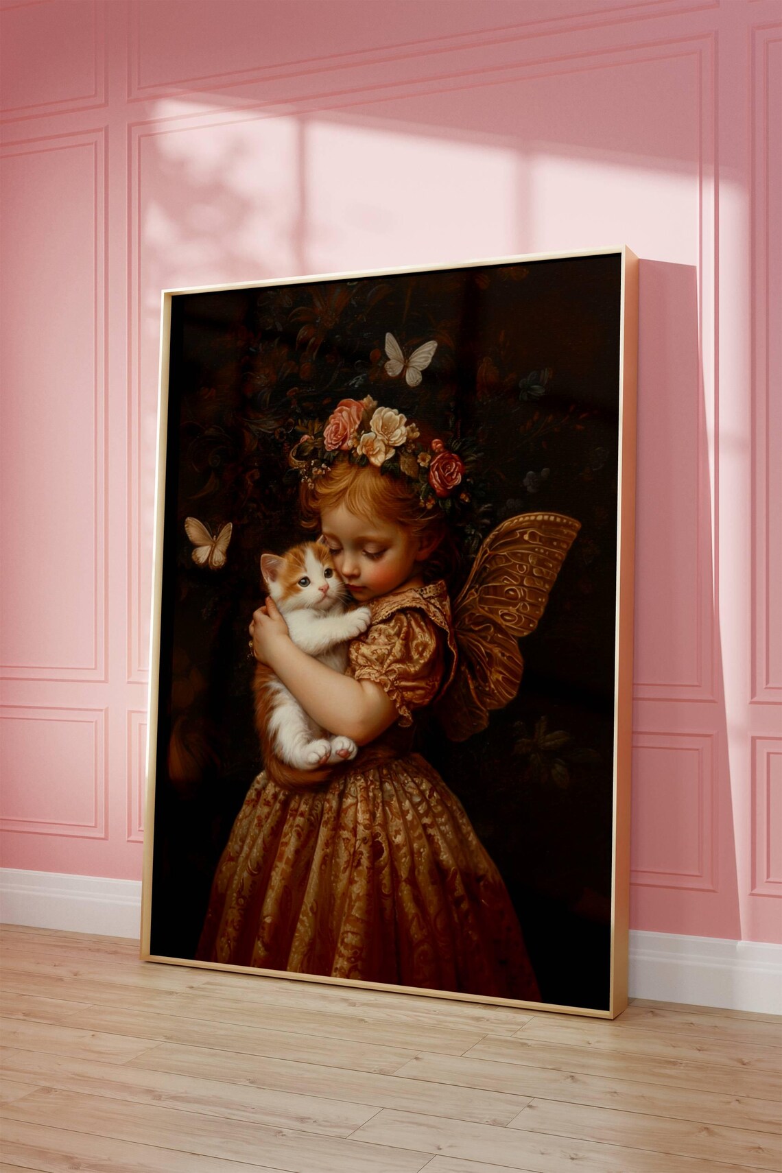 Victorian Fairy Girl Hugging a Kitten Among Butterflies Poster - Image 4