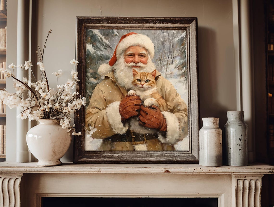 Santa Claus Holding an Orange Kitten in the Snow Christmas Poster - Image 4