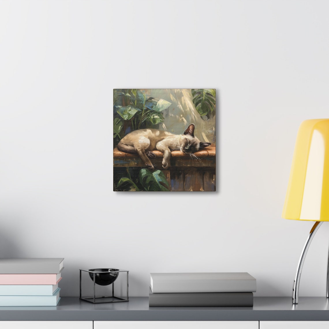 Sleeping Siamese Cat on a Wooden Bench Surrounded by Monstera Poster - Image 4