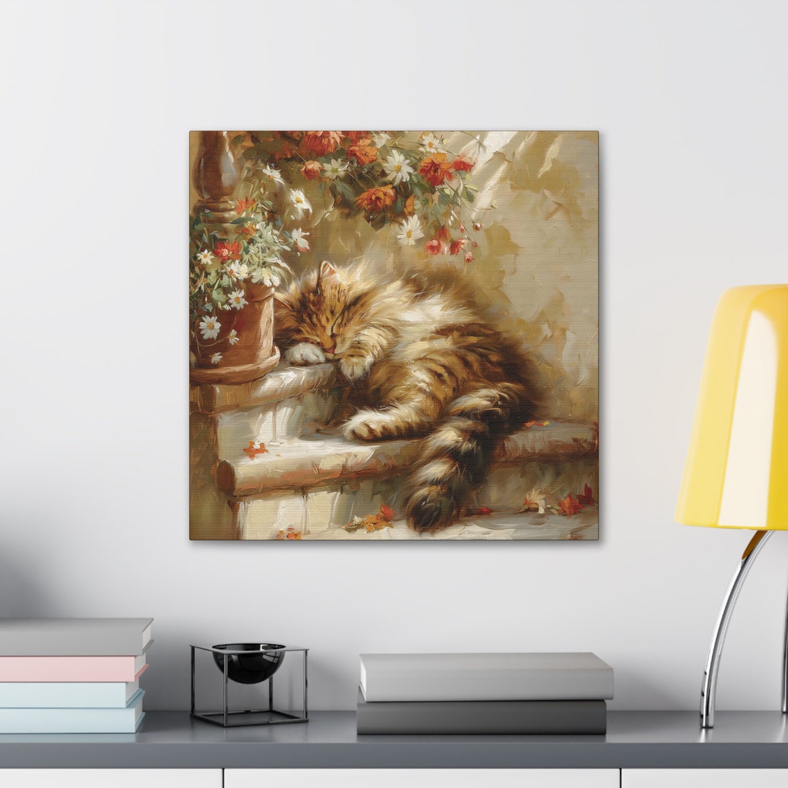 Fluffy Tabby Kitten Sleeping on Stone Steps with Flowers Poster - Image 3