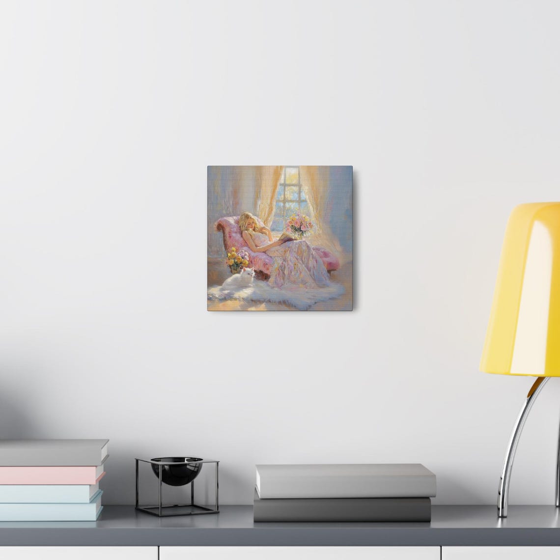 Woman Reading on a Chaise Lounge with a White Cat Sunlit Poster - Image 5