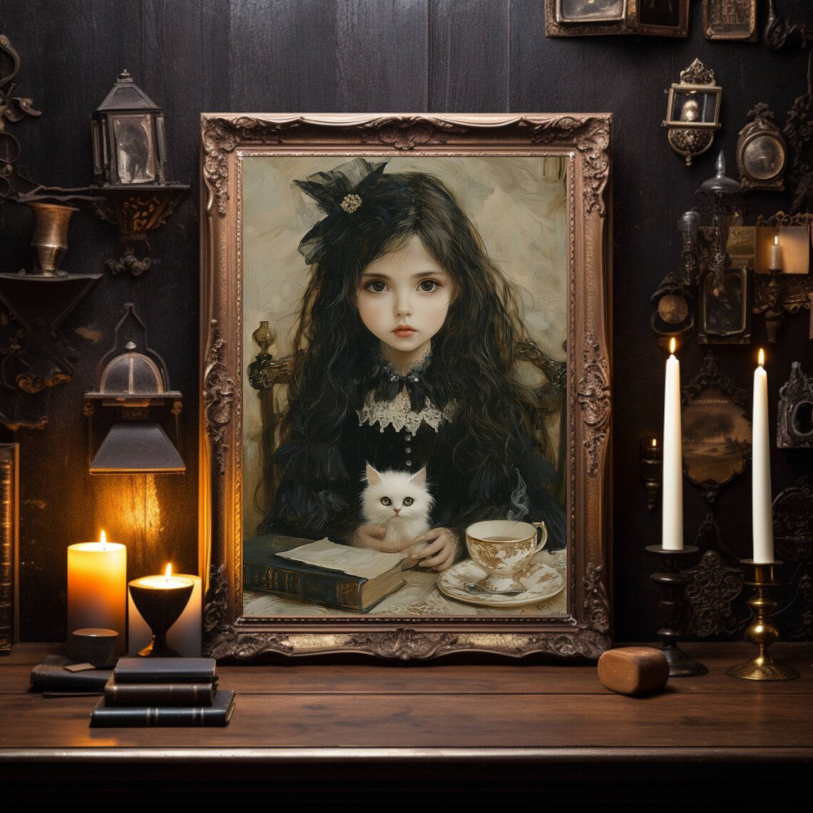 Gothic Portrait of a Girl Holding a White Cat at a Tea Table Poster - Image 5