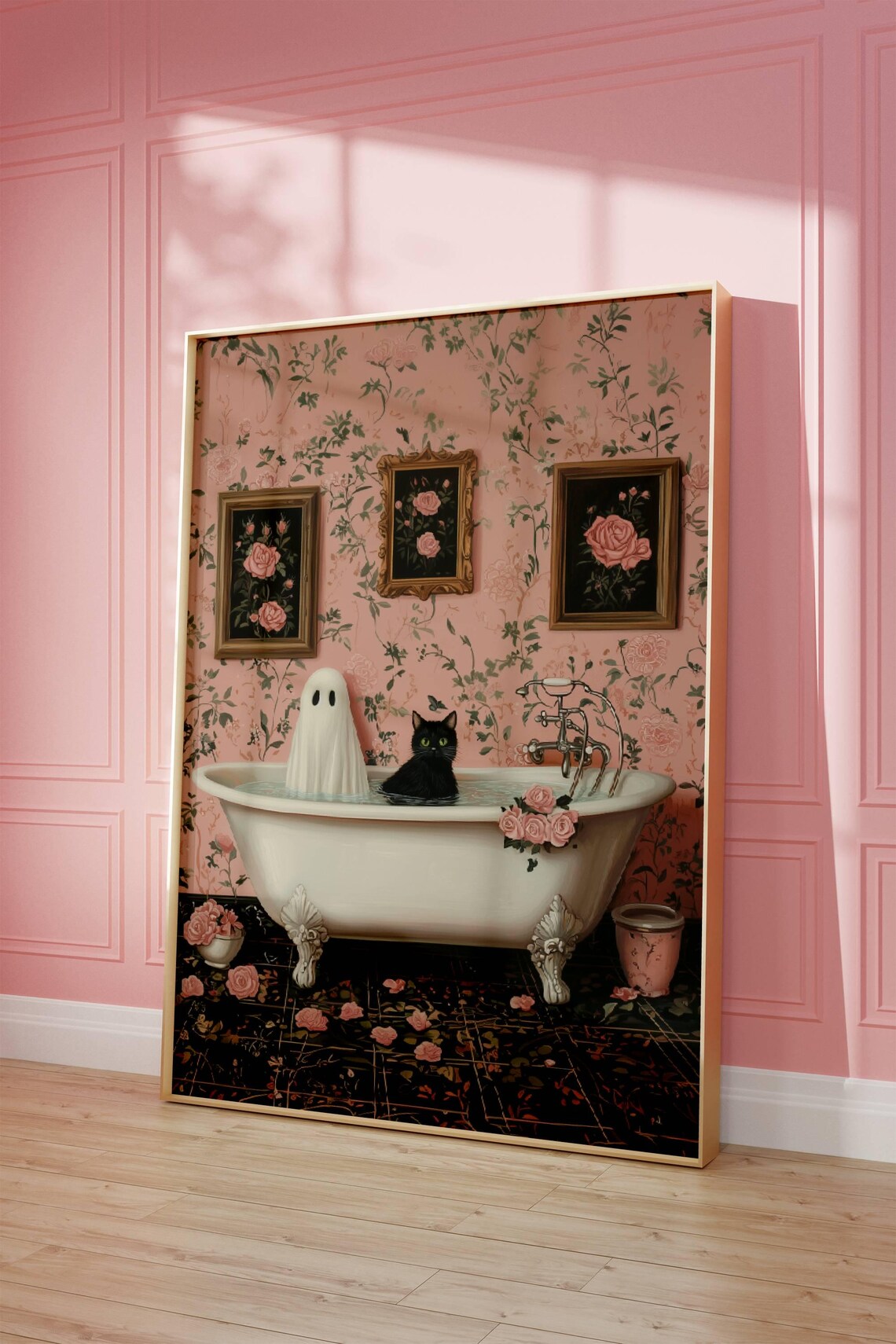 Ghost and Black Cat in a Clawfoot Tub With Pink Floral Wallpaper Poster - Image 4