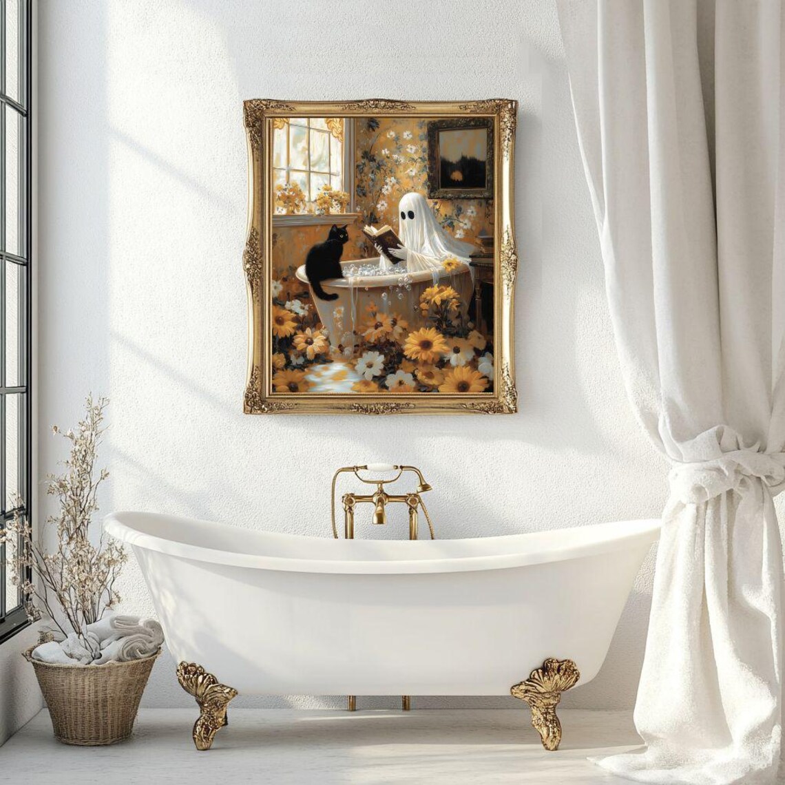Ghost Reading in Bath, Whimsigoth Cat Wall Art Print - Image 2