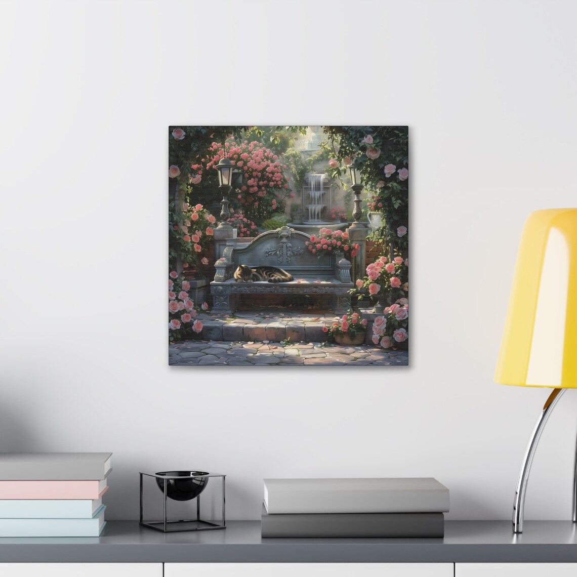 Tabby Cat Napping on Stone Bench in Pink Rose Garden Fountain Poster - Image 5