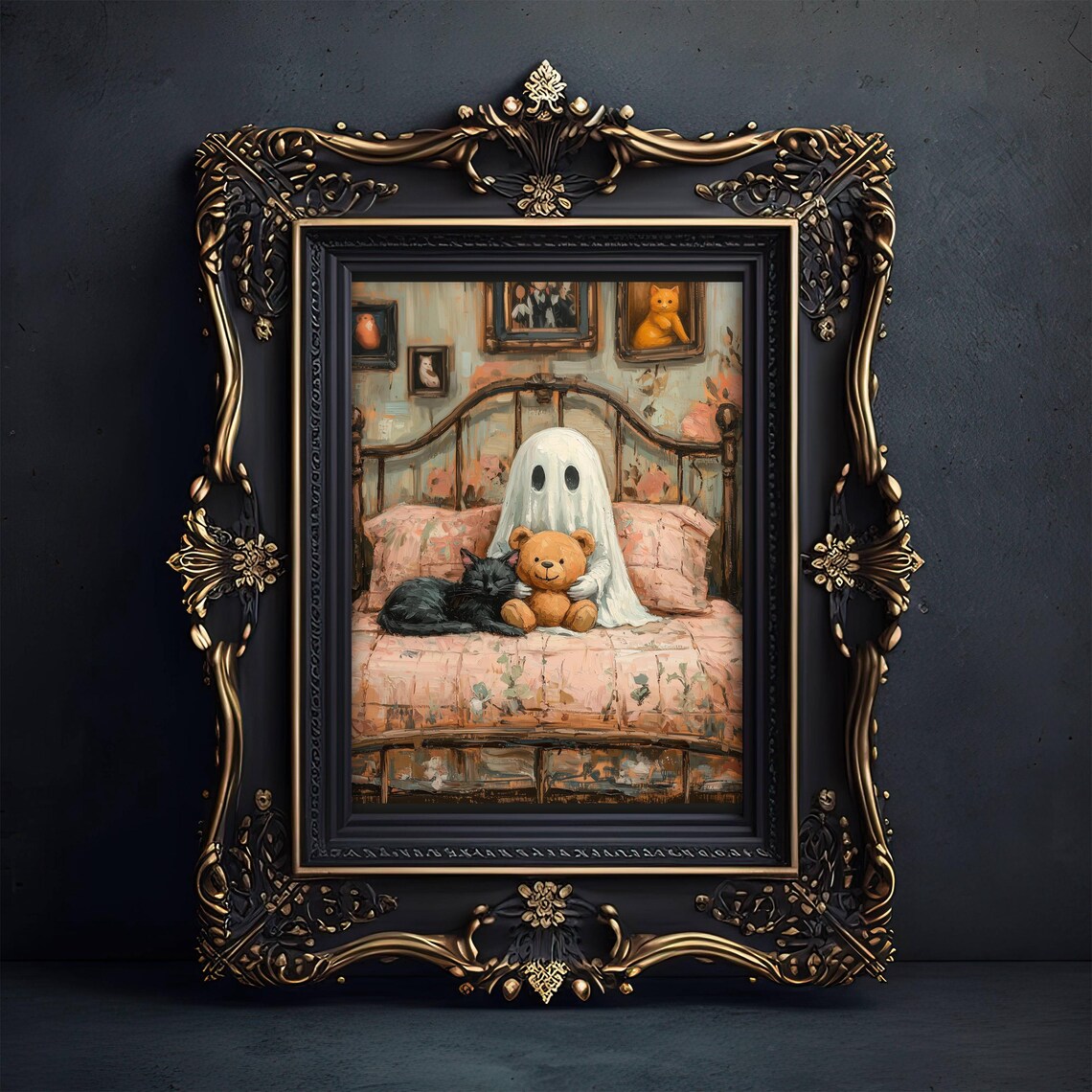 Cute Little Ghost Cuddling a Teddy Bear and Black Cat on a Vintage Bed Poster