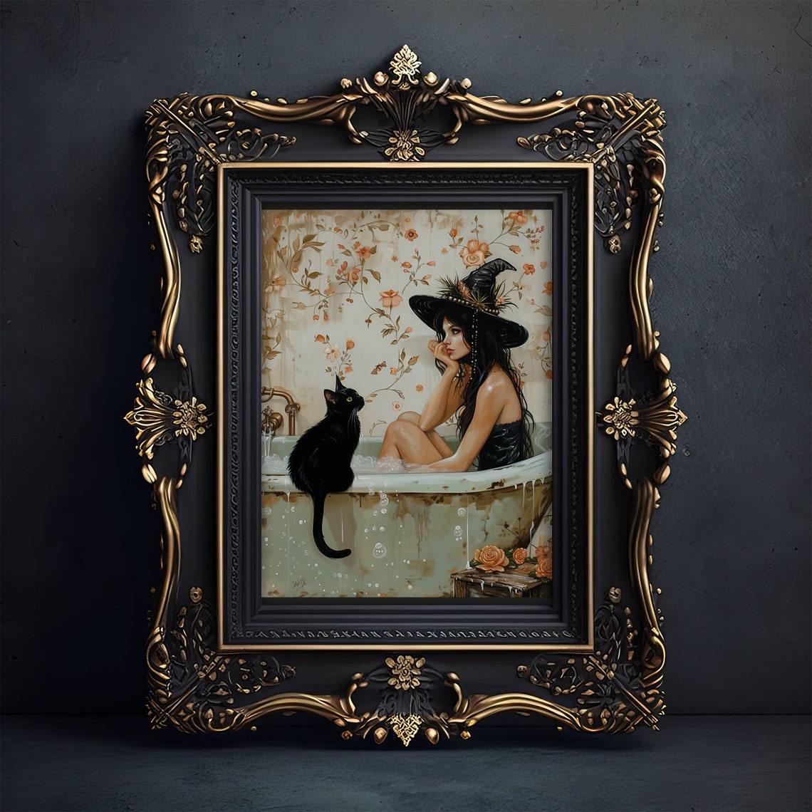 Pensive Witch Bathing In A Tub With A Black Cat Light Art Poster - Image 6
