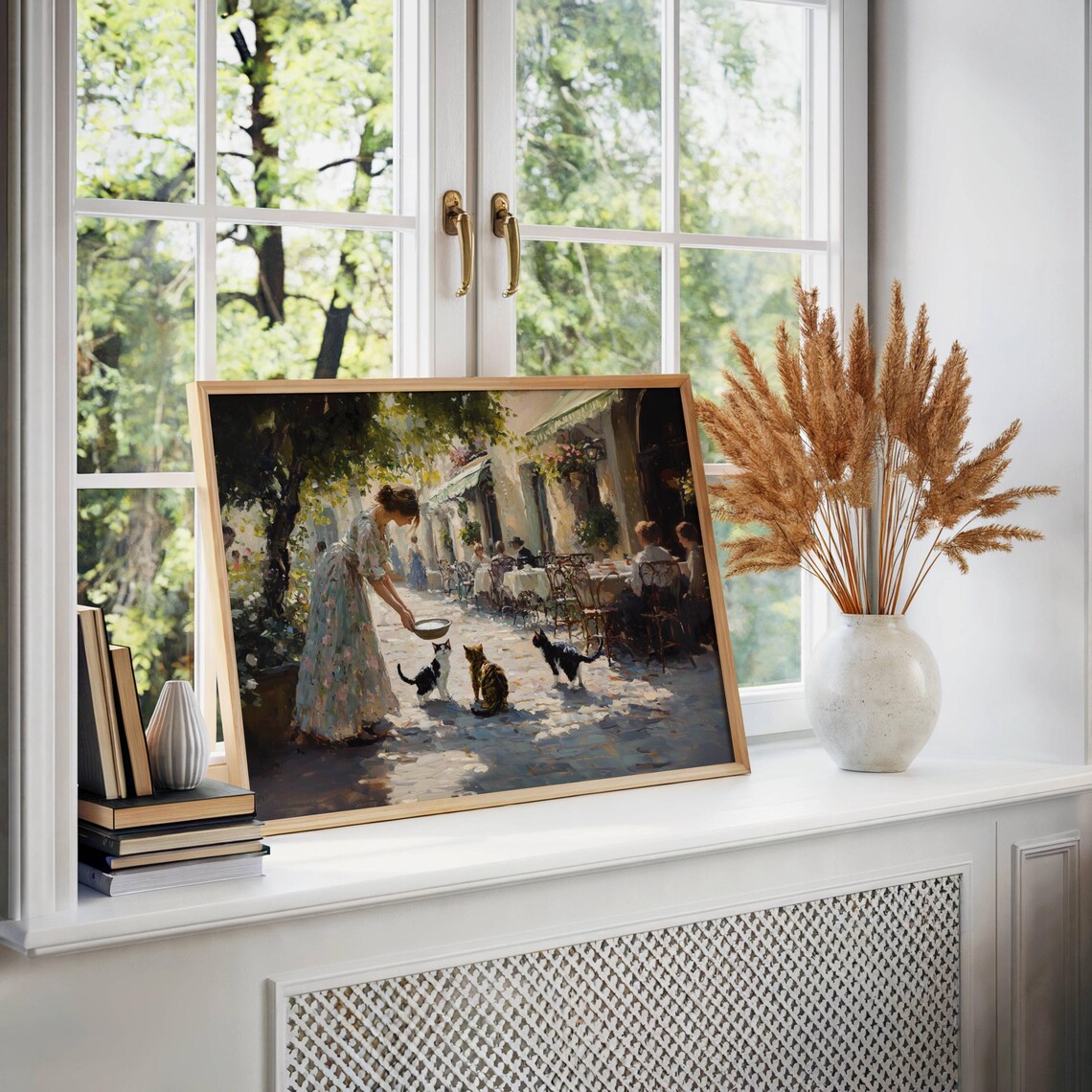 Woman Feeding Cats at Outdoor Cafe, Impressionist Art Print - Image 2