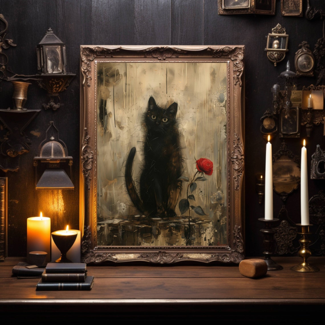 Black Cat Beside A Single Red Rose Dark Gothic Oil Style Poster - Image 3