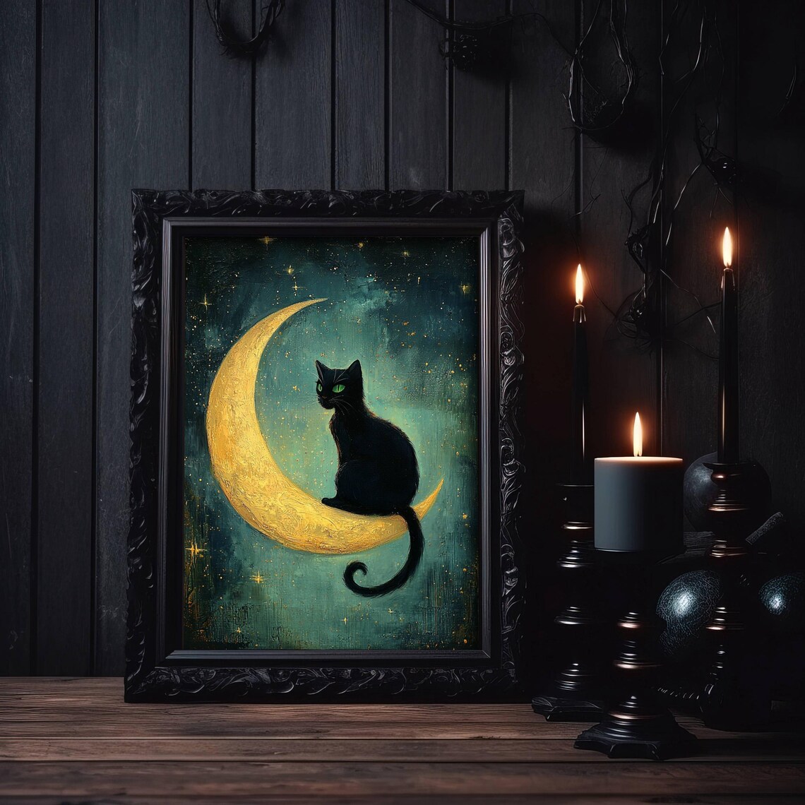 Black Cat On Crescent Moon, Whimsigoth Art Print - Image 4