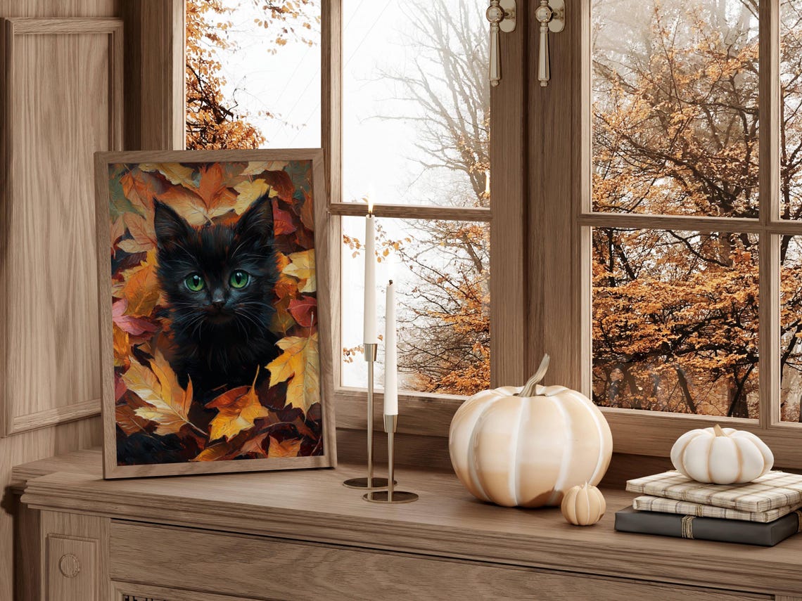 Black Kitten With Green Eyes Among Autumn Fall Leaves Poster - Image 7
