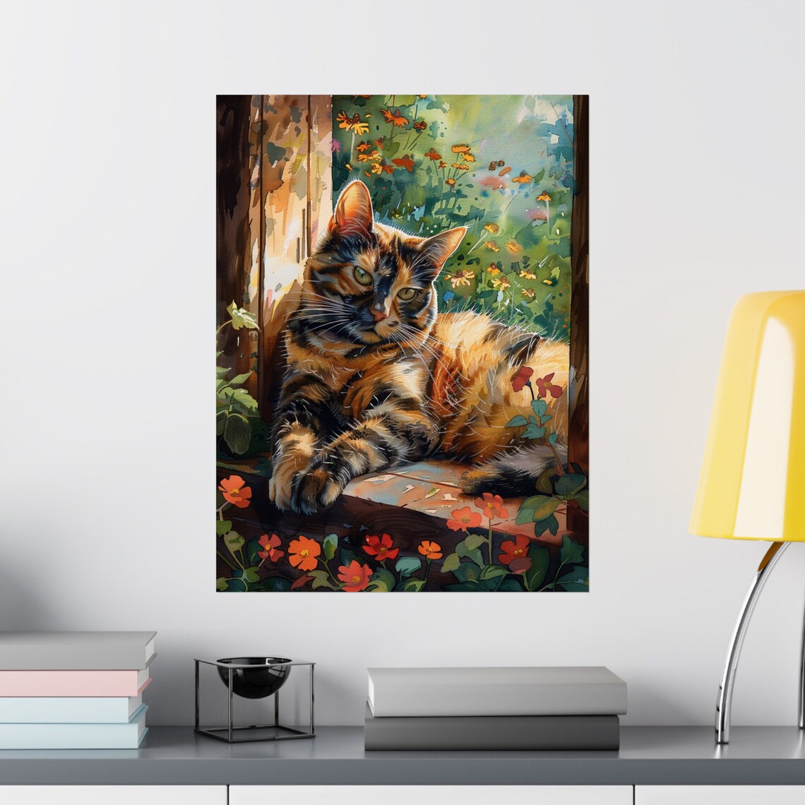 Tortoiseshell Cat Lounging In A Sunlit Cottage Flower Garden Poster - Image 2