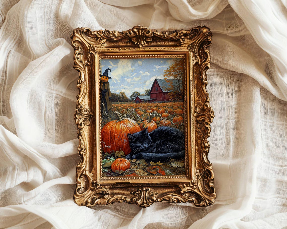 Black Cat Sleeping Among Pumpkins by a Red Barn Halloween Poster - Image 2