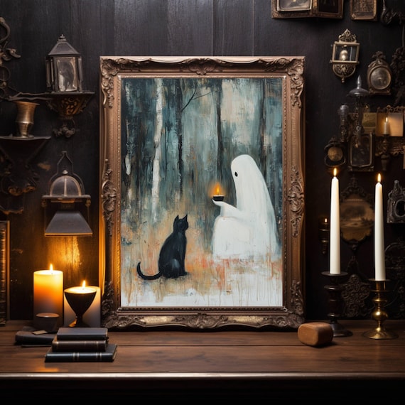 Ghost With A Lit Candle And Black Cat In A Misty Forest Poster