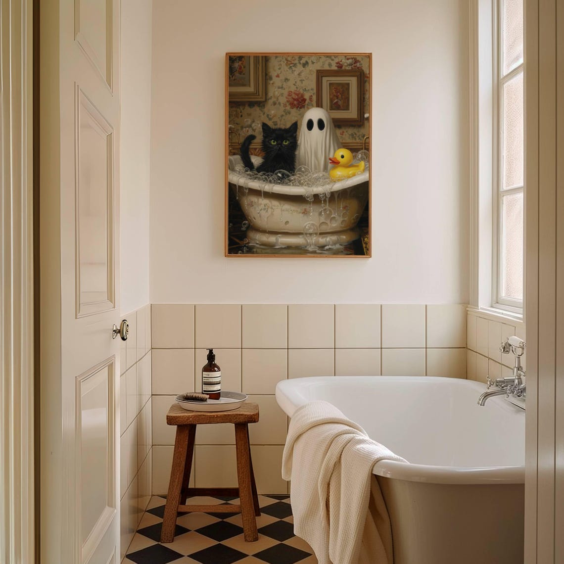 Cute Ghost Black Cat and Rubber Duck in a Bubble Bath Poster - Image 3