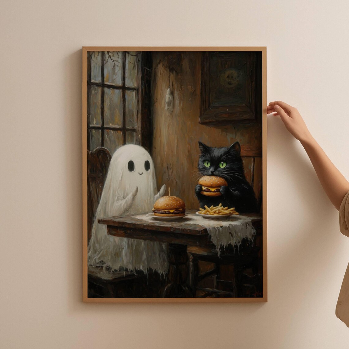Ghost And Black Cat Sharing Burgers And Fries Funny Art Poster - Image 4