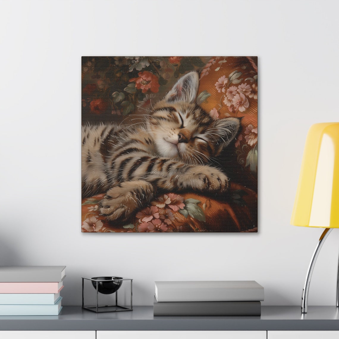 Sleeping Tabby Kitten on Rust Floral Cushion Oil Painting Poster - Image 3
