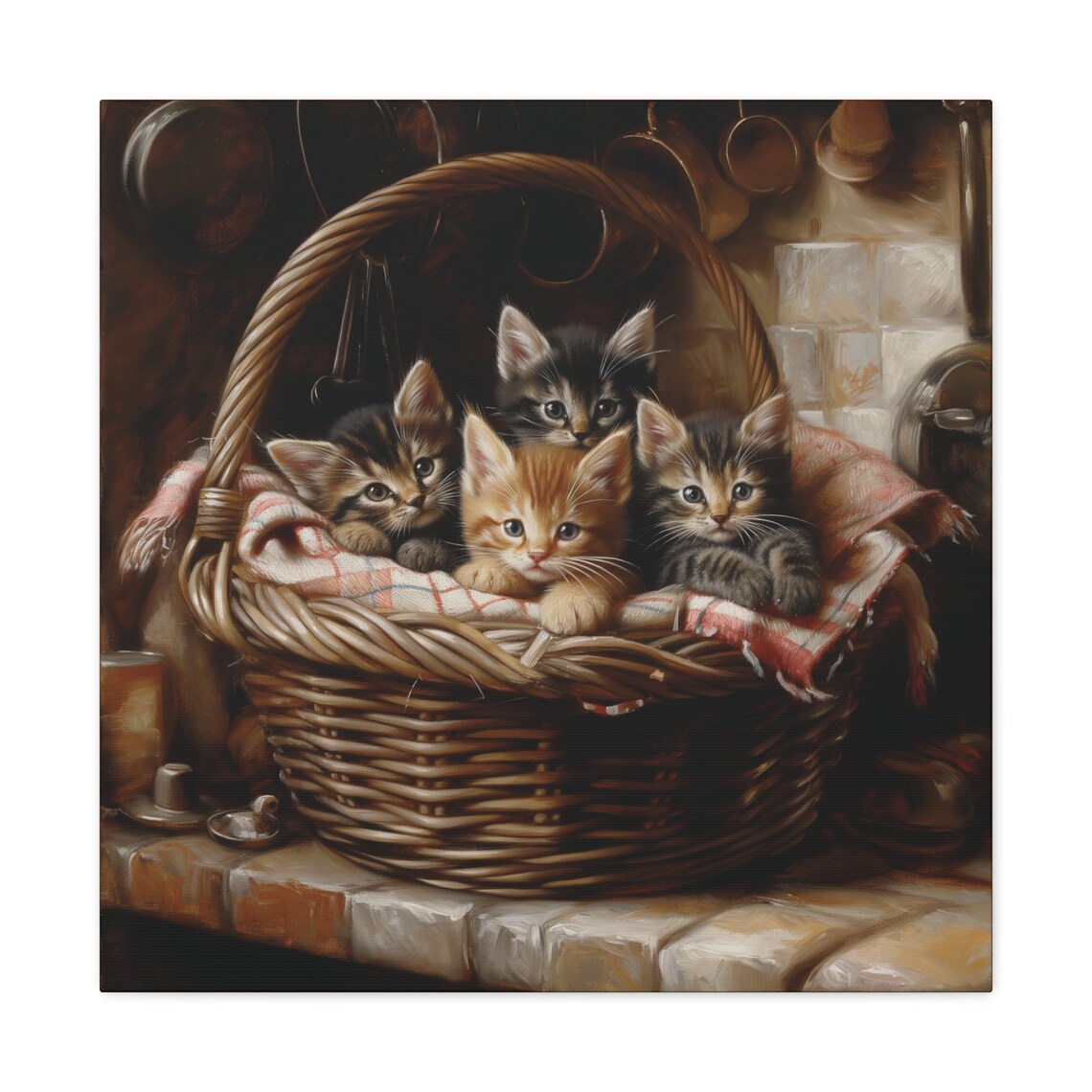 Four Kittens in Wicker Basket Farmhouse Kitchen Oil Painting Poster - Image 2
