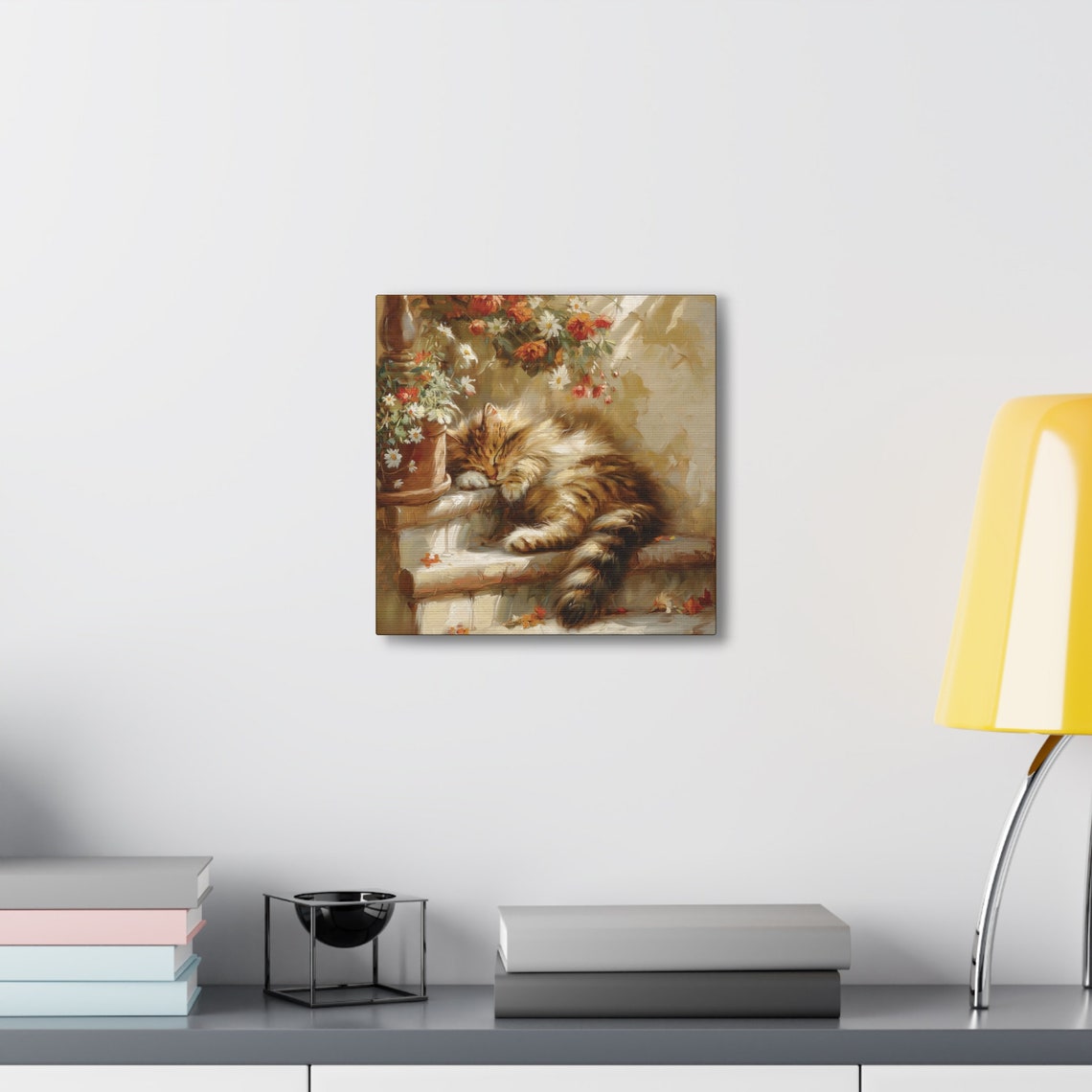 Fluffy Tabby Kitten Sleeping on Stone Steps with Flowers Poster - Image 6