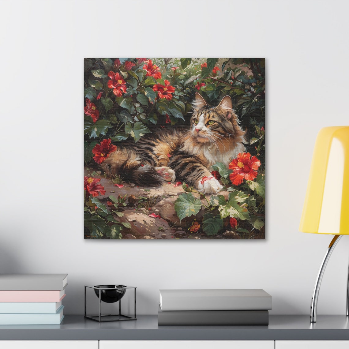 Long Haired Tabby Cat Resting Among Red Hibiscus Flowers Poster - Image 3