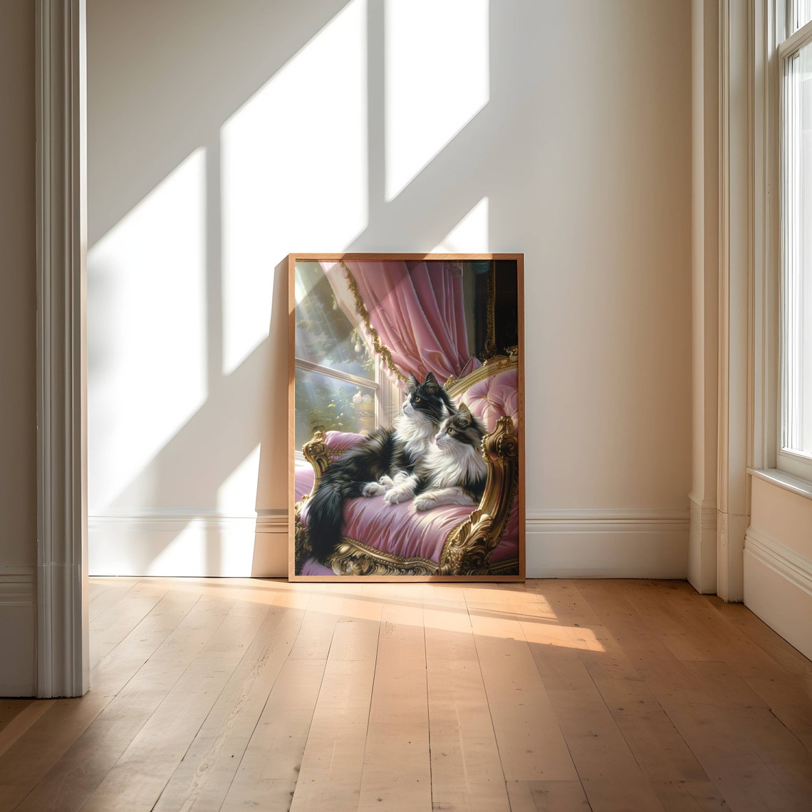 Two Tuxedo Cats Lounging On A Baroque Pink Velvet Sofa Oil Poster - Image 7
