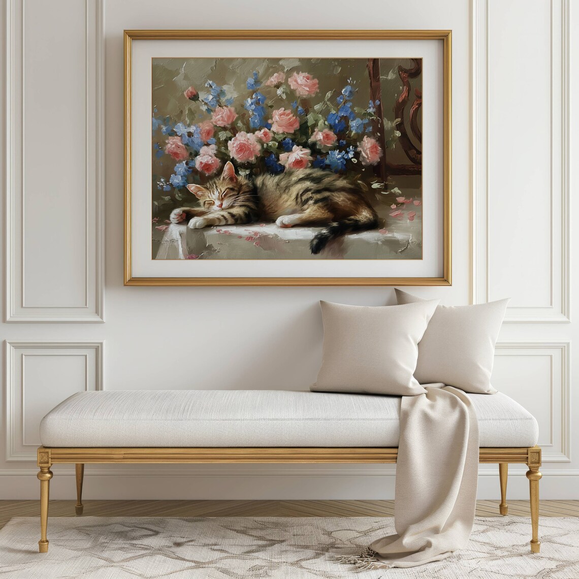 Tabby Cat Sleeping Among Pink Roses and Blue Delphinium Still Life Poster - Image 2