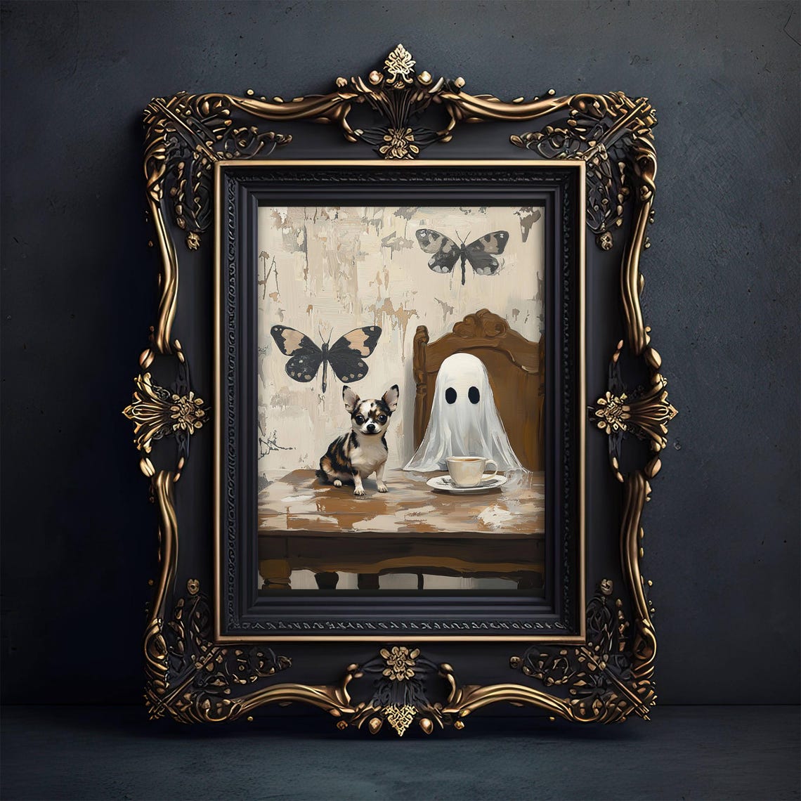 Ghost and Chihuahua Sharing Tea With Butterfly Wall Decor Poster