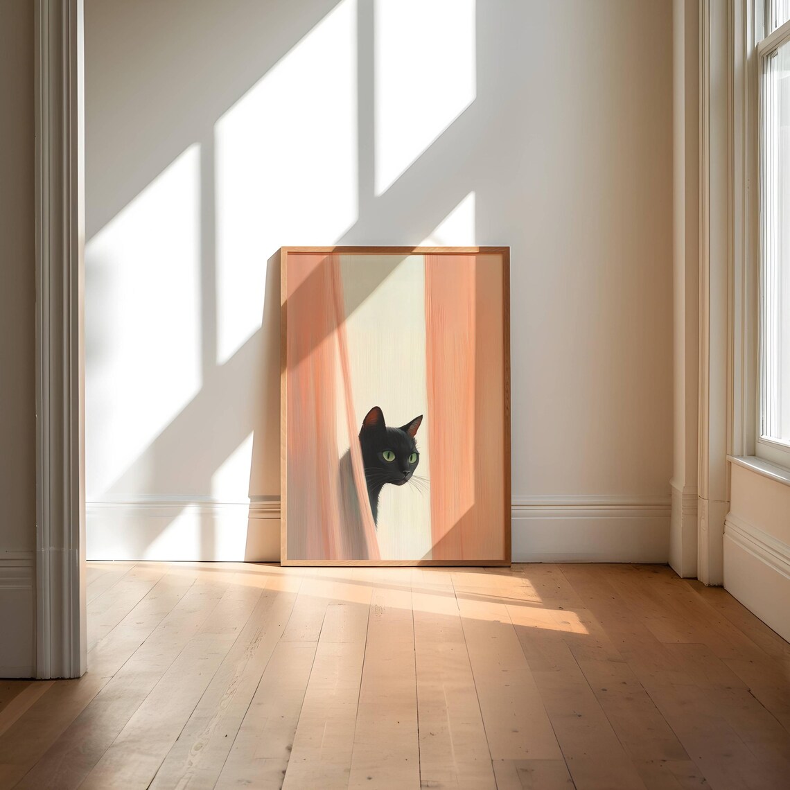 Black Cat Peeking Through Curtains, Minimalist Poster - Image 5