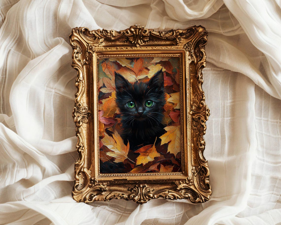 Black Kitten With Green Eyes Among Autumn Fall Leaves Poster - Image 2
