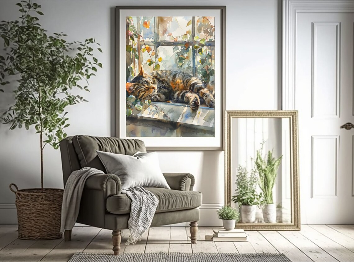 Tabby Cat in Window Art Print, Cat Wall Decor - Image 2