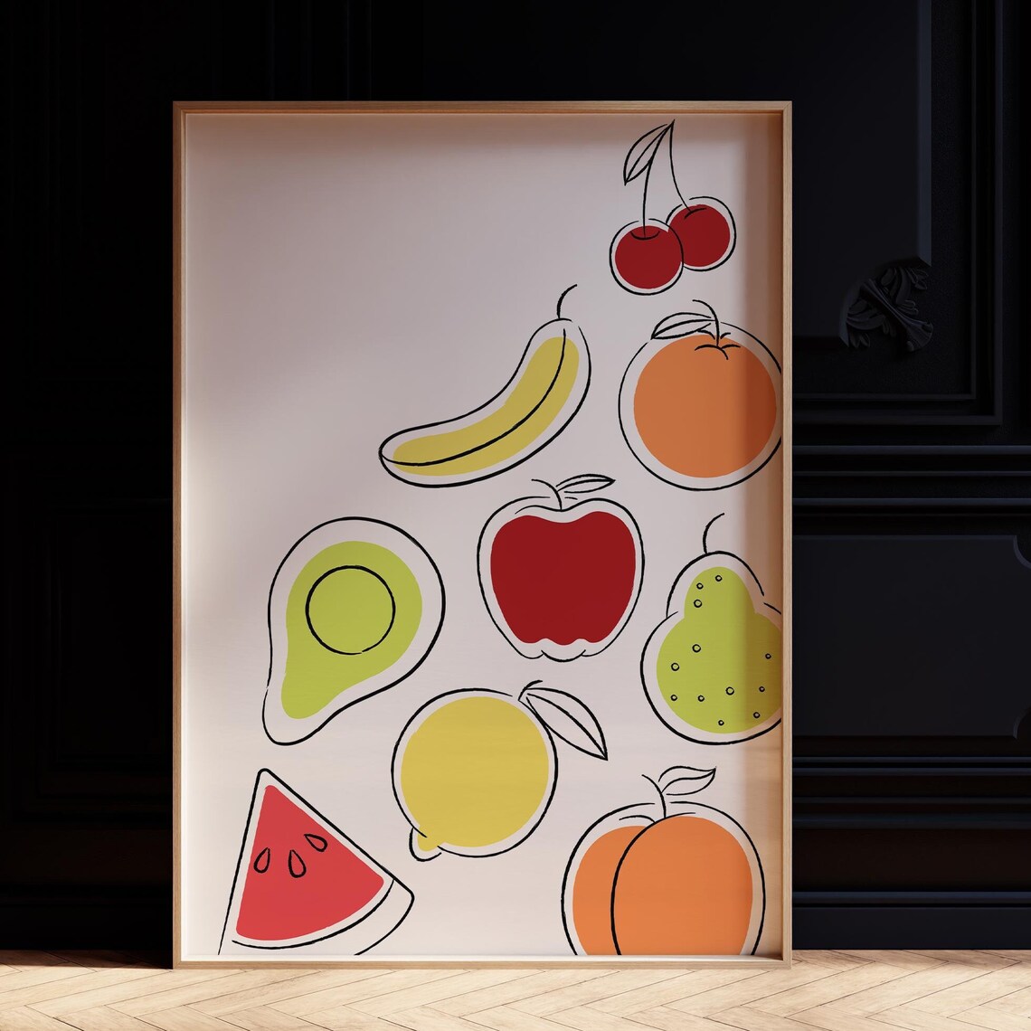 Retro Fruit Line Art Cherry Banana Watermelon Kitchen Decor Art Print - Image 2