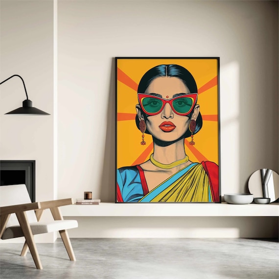Desi Woman Pop Art Colorful Saree Retro Sunglasses Modern Indian Poster