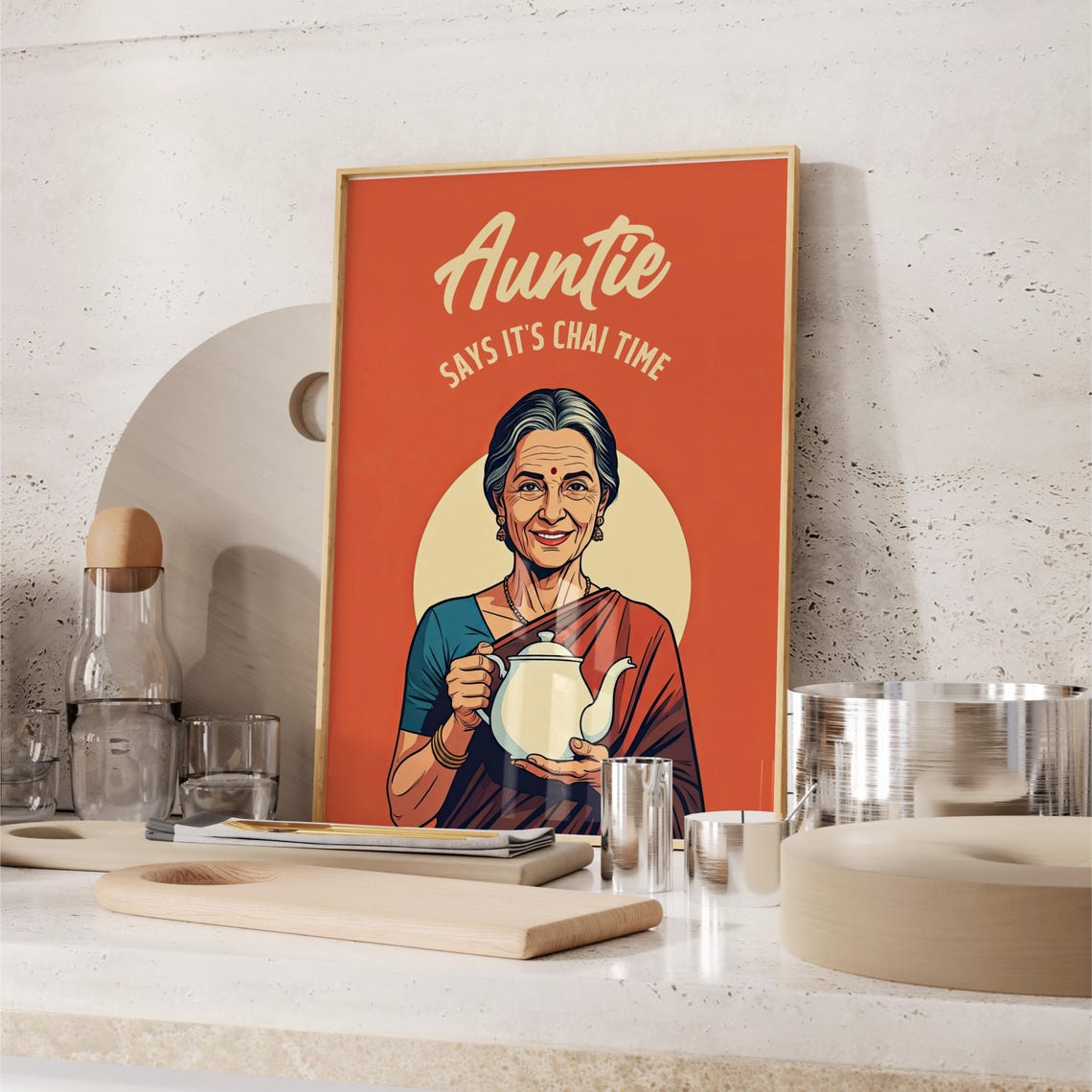 Auntie Says It's Chai Time Retro Indian Kitchen Decor Art Poster