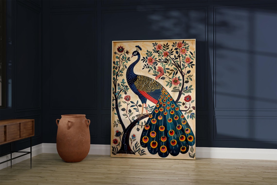 Madhubani Peacock Folk Art Print, Pichwai Style