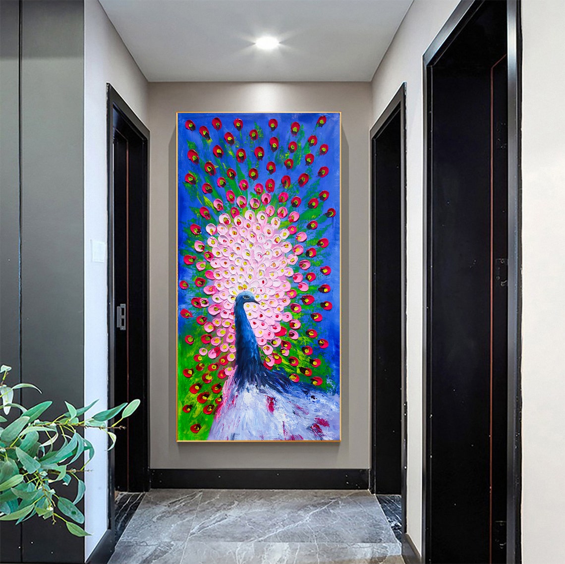 Vibrant Abstract Peacock With Colorful Fanned Feather Oil Poster - Image 3