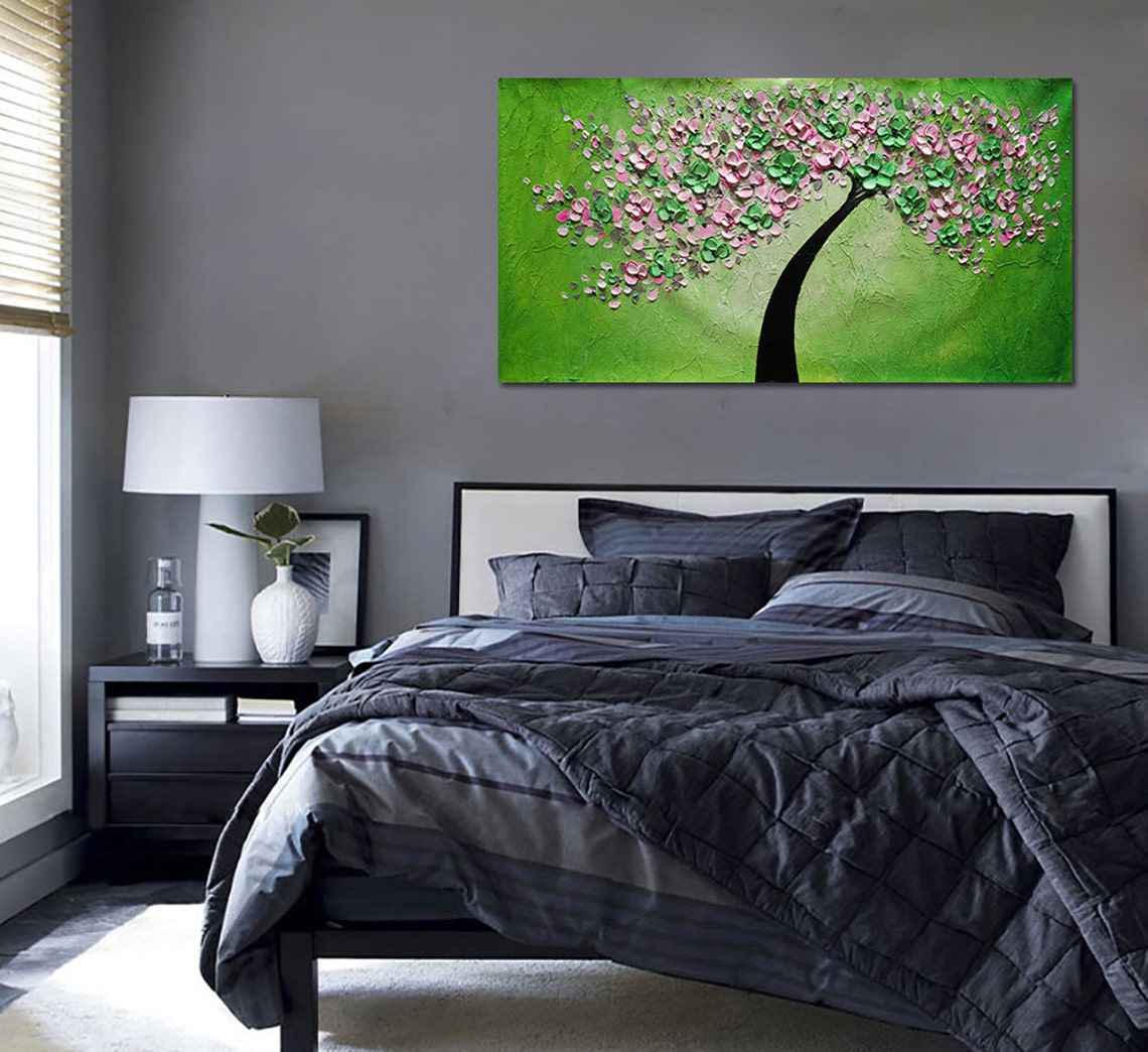 Hand Painted Large Art Abstract Green Pink Cherry Blossom Tree Oil Painting On Art Pink Green Flower Oil Painting Palette Knife Art - Image 4