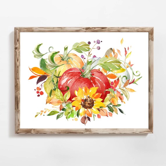 Watercolor Autumn Bouquet Red Pumpkins Sunflower Fall Art Print