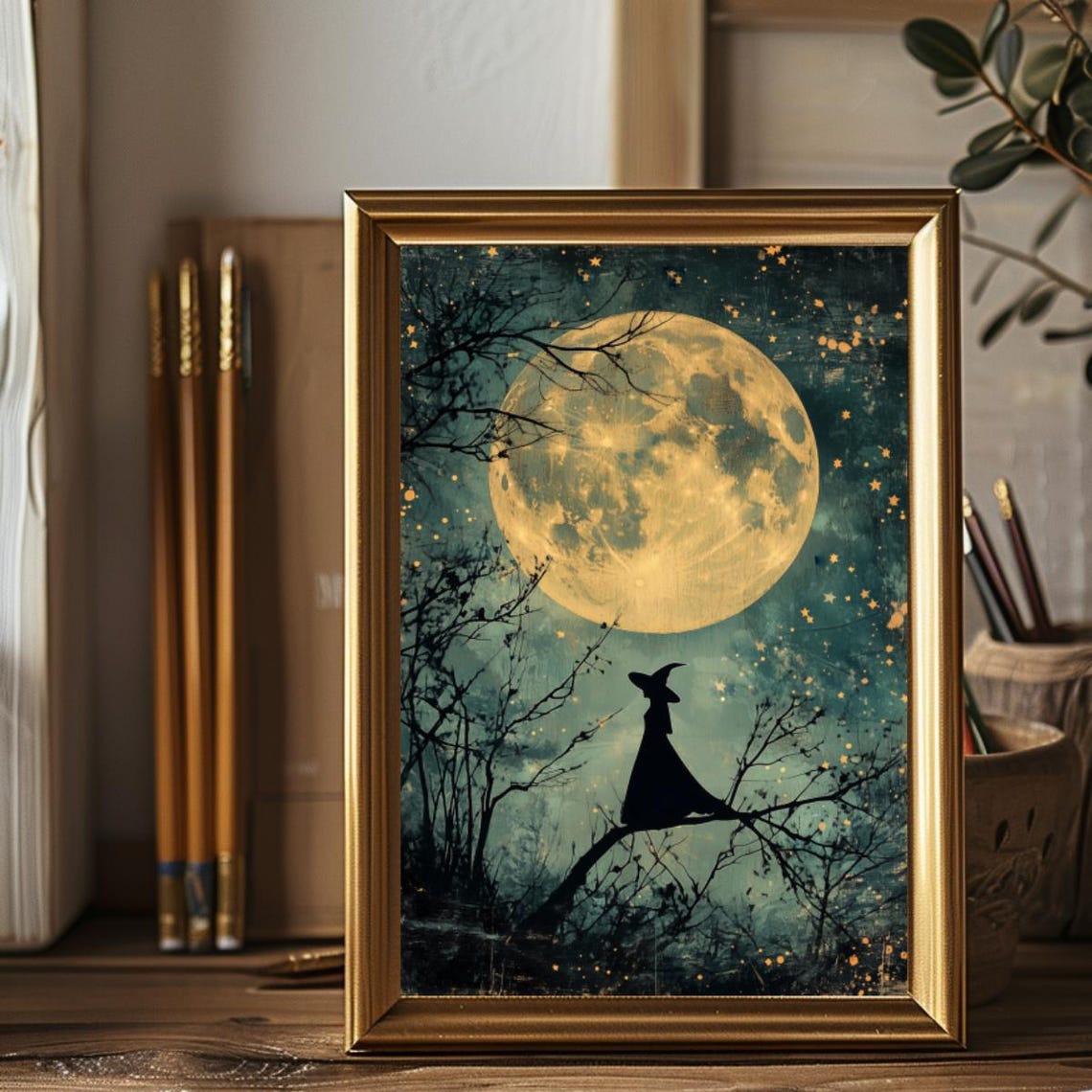 Vintage Full Moon Witch Print Halloween Night Sky Wall Art Witchy Celestial Print Moody Dark Tree Silhouette Stars And Moon Sky - Image 3