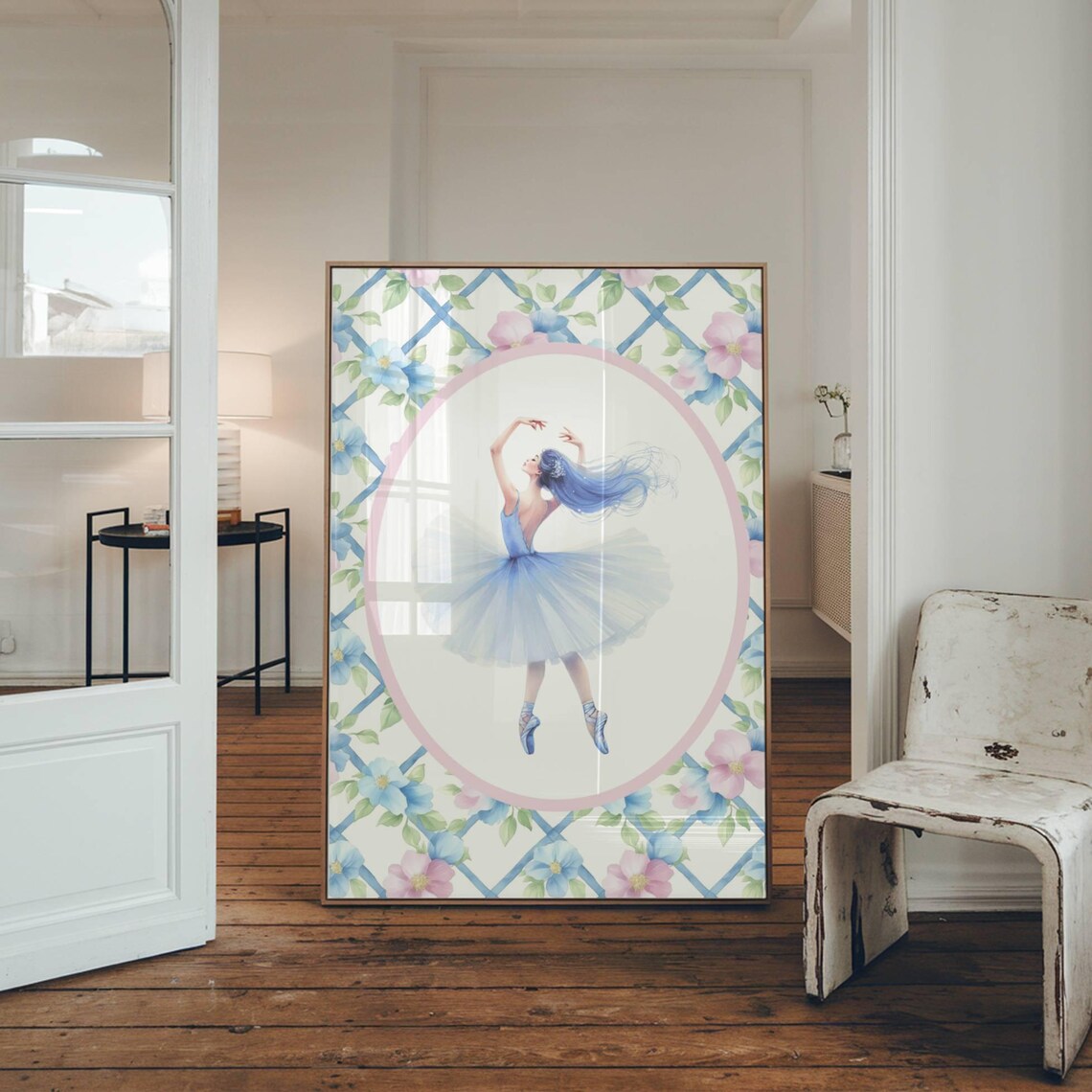 Pastel Blue Ballerina Tutu Floral Lattice Grandmillennial Poster - Image 2