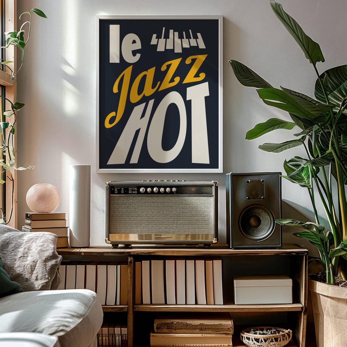 Le Jazz Hot Piano Keys Retro Navy Cream Mustard Music Poster - Image 4