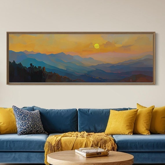Abstract Mountain Sunrise Panoramic Wall Art With Colorful Layers Misty Landscape And Relaxing Decor For Above Bed Or Couch