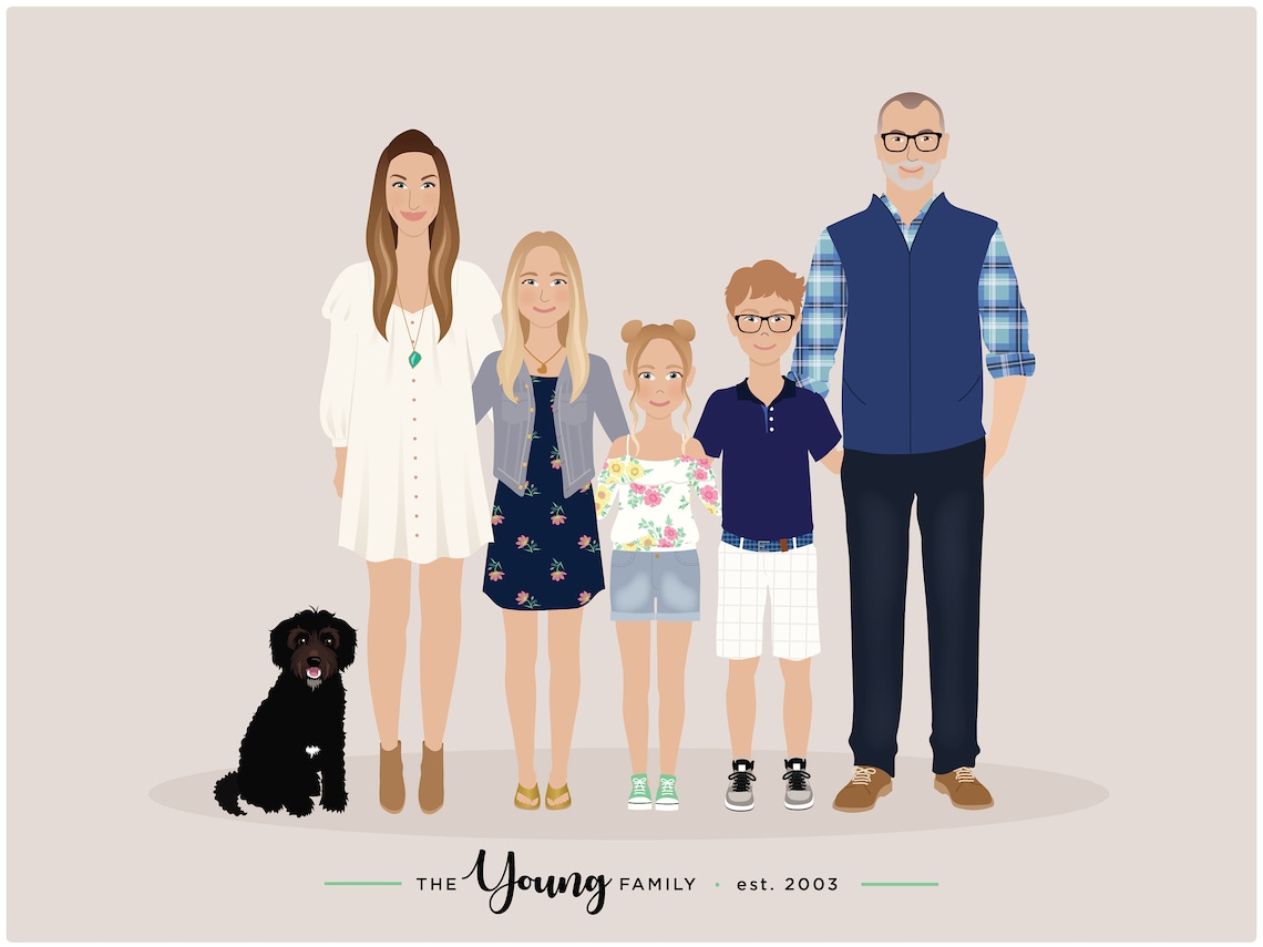 Personalized Family Portrait Illustration, People And Pets - Image 3
