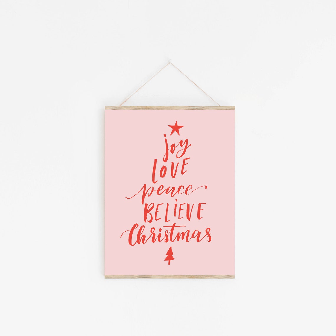 Joy Love Peace Believe Christmas Word Tree Red Script Pink Poster - Image 2