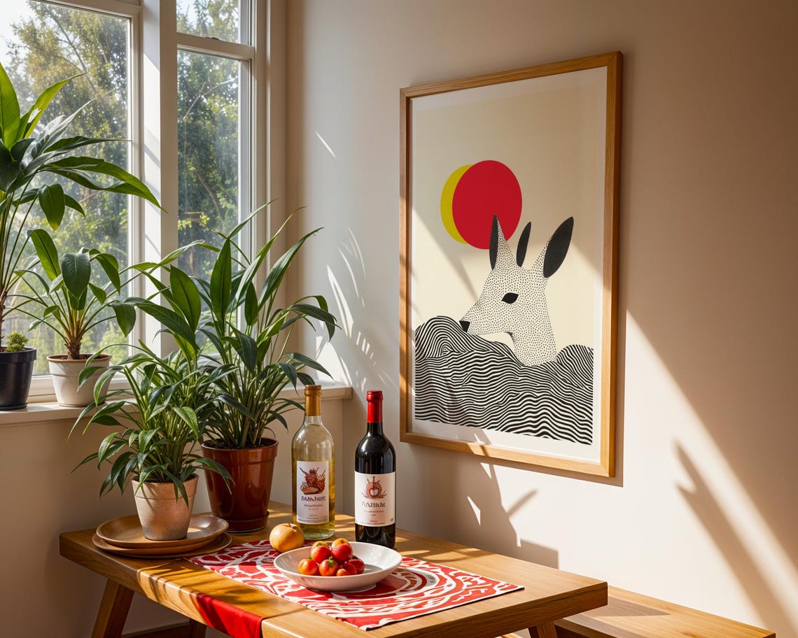 Minimalist Kangaroo Line Art Poster Red Sun Abstract Animal Design - Image 2