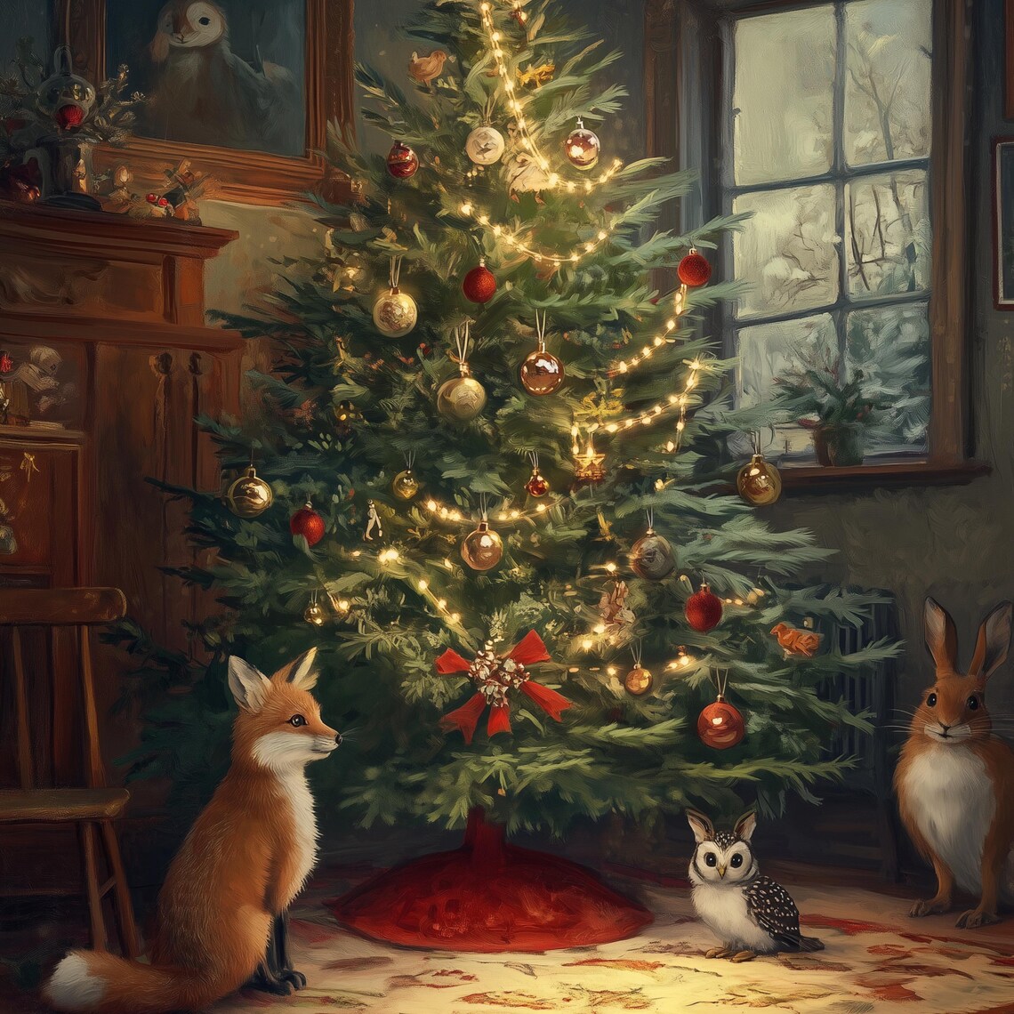 Whimsical Holiday Fox Owl Rabbit Art Print - Image 3