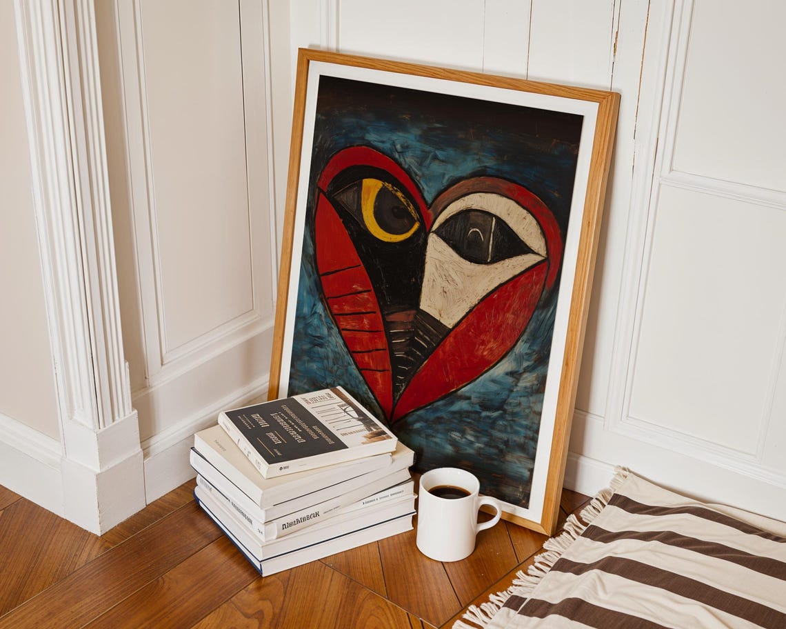Cubist Heart with Big Eyes Red Black Picasso Style Modern Art Poster - Image 2