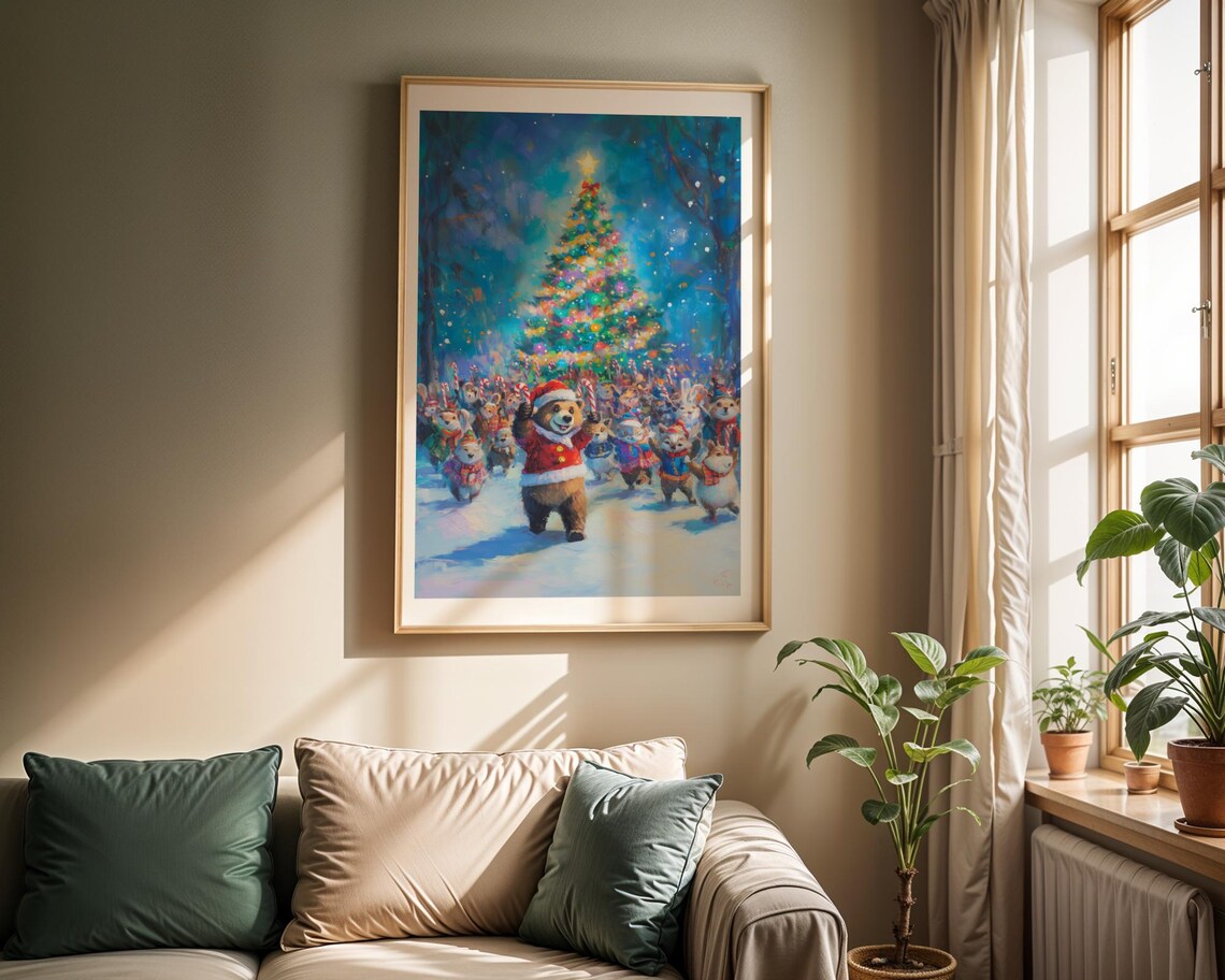 Animal Christmas Parade Poster Santa Bear Candy Canes Tree Night Art - Image 2