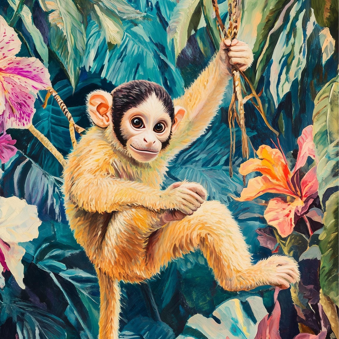 Cute Baby Monkey Swinging On A Vine In Tropical Jungle Poster - Image 3