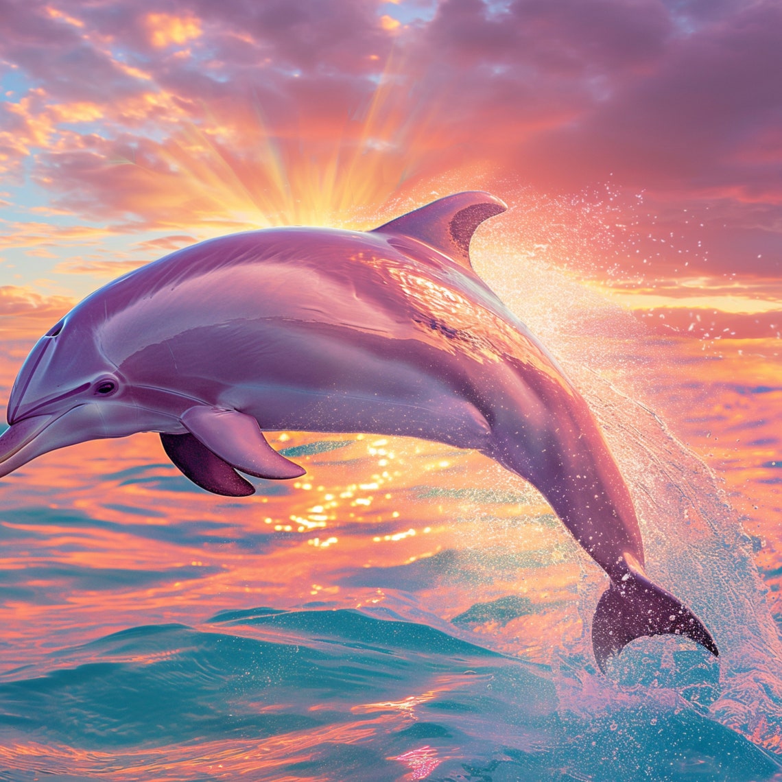 Dolphin Leaping at Sunset Pink Ocean Waves Vibrant Sea Life Poster - Image 3